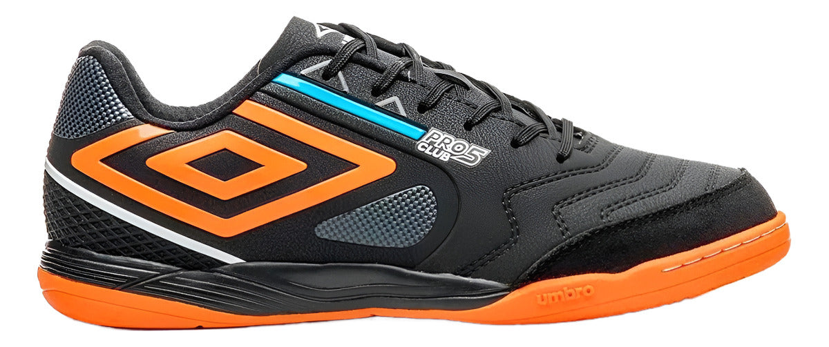 Chuteira Futsal Umbro Pro 5 Jr Preto Laranja Azul 2024